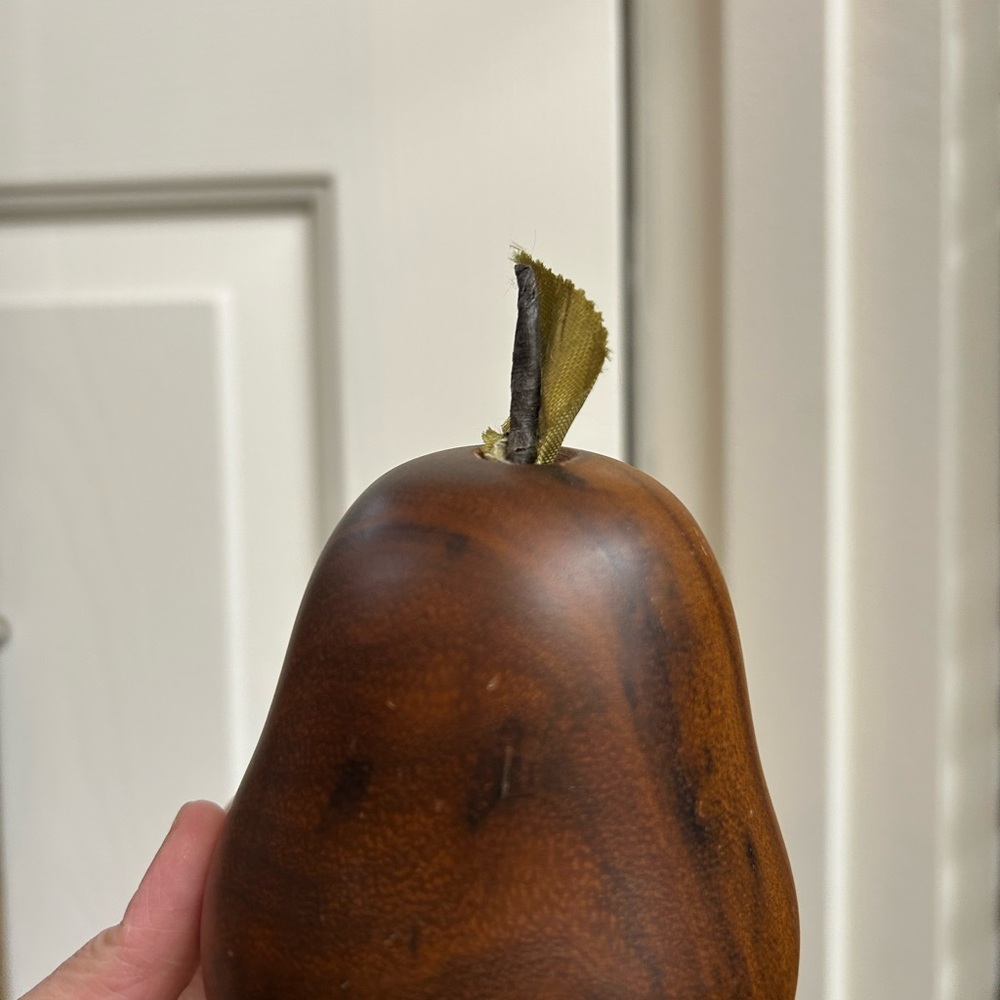 Mid Century Modern Wooden Decorative Pear with Fabric Leaf - Rustic  Accent - Picture 6 of 7